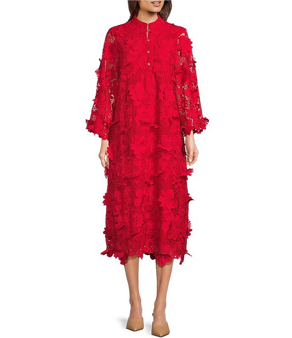 Color:Red - Image 1 - Seraphina Floral Long Sleeve 3D Lace Mandarin Collar Midi Dress