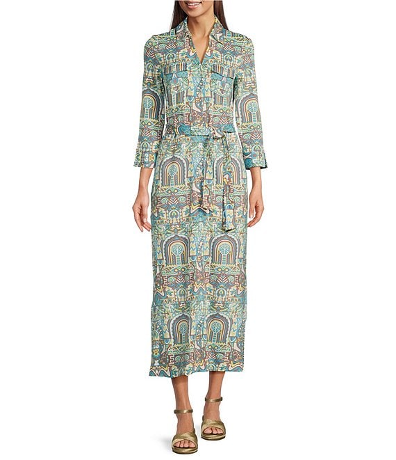 J.McLaughlin Brynn Printed Lyford Jersey Point Collar 3 4 Sleeves Button Front Maxi Shirt Dress