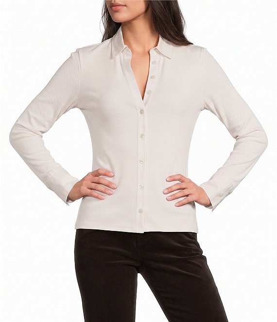 J.McLaughlin Theodora Knit Point Collar Long Sleeve Button-Front Shirt