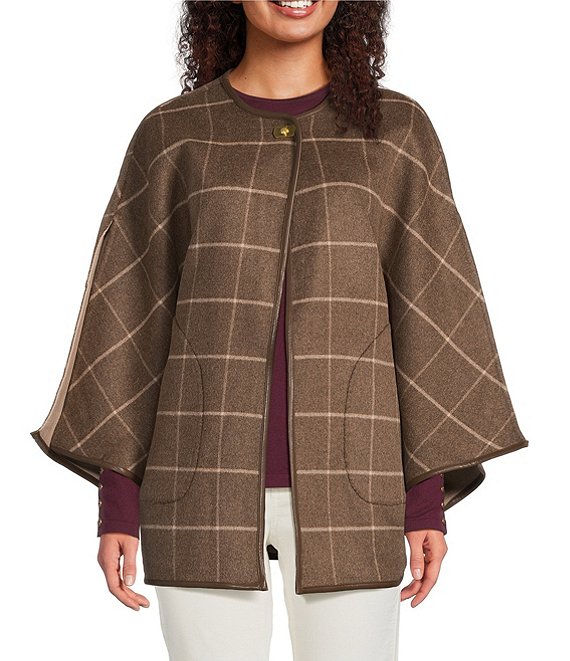 J.McLaughlin Winifred Plaid Crew Neck Split Sleeve Turnlock Poncho, Camel - Image 1