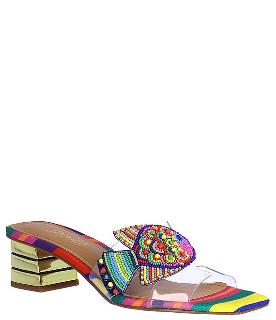 Color:Clear/Multi - Image 1 - Roline Clear Vinyl Beaded Fish Rainbow Metallic Slide Heel Sandals