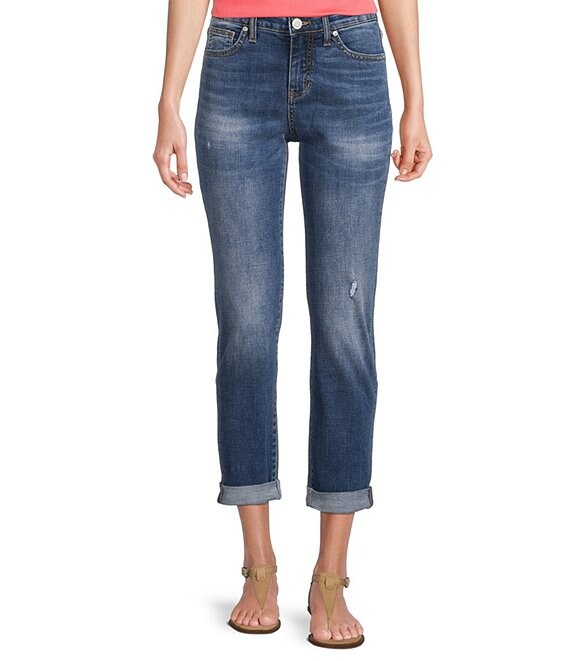 Color:Everton Blue - Image 1 - Carter Mid Rise Straight Leg Distressed Ankle Rolled Hem Jeans