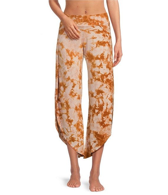 Color:Rust Dye - Image 1 - Bhakti Tie Dye Print Knit Jersey Wide Leg Asymmetrical Hem Coordinating Pants