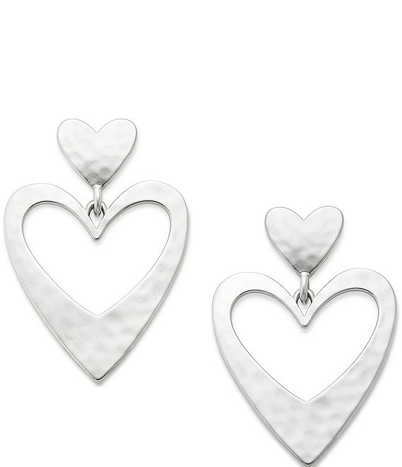 Color:Sterling Silver - Image 1 - Hammered Double Heart Drop Earrings