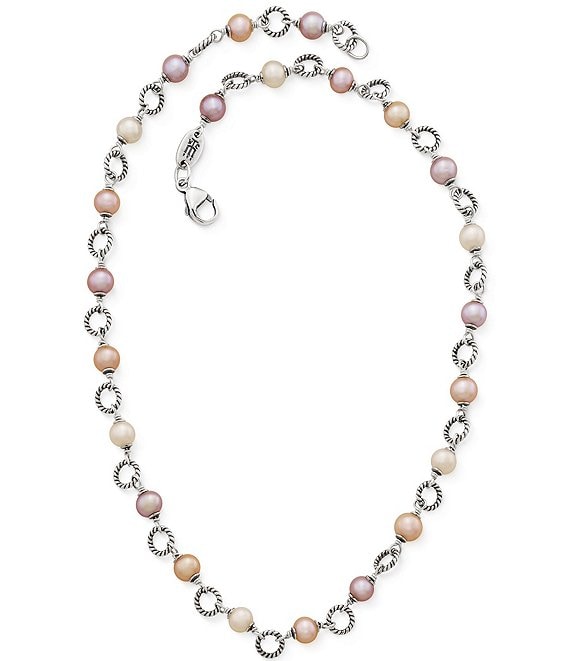 Color:Sterling Pearl - Image 1 - Twisted Wire Link Necklace with Multi-Colored Cultured Pearls