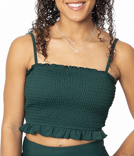 Janela Bay Solid Square Neck Smocked Ruffle Cropped Tankini Swim Top