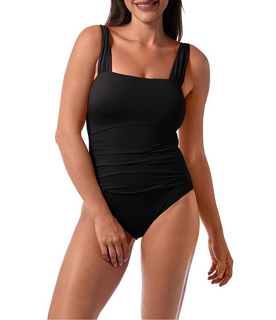 Jantzen Hilda Solid Lace-Up Shirred Tummy Control One Piece Swimsuit