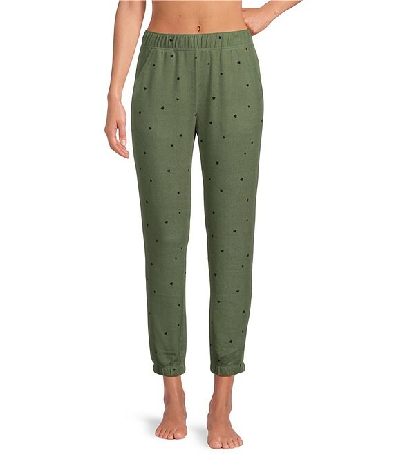 Color:Olive Heart - Image 1 - Heart Print Brushed Knit Elastic Waist Coordinating Sleep Joggers