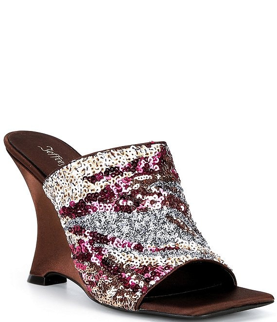 Jeffrey Campbell Aura Sequin Satin Embellished Wedge Slide Sandals