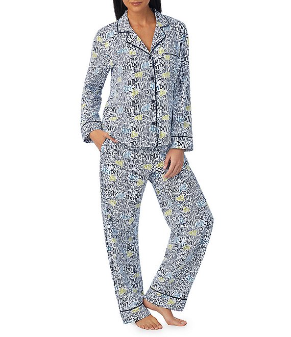Jersey Knit Long Sleeve Notch Collar DKNY Print Pajama Set