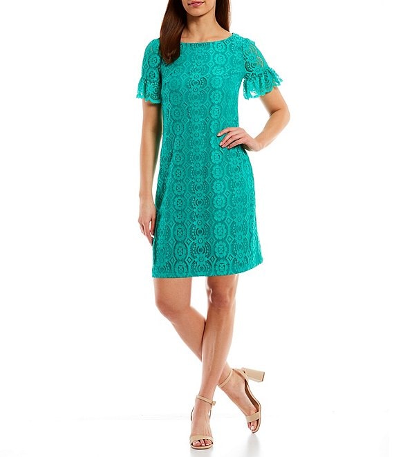 Color:Emerald - Image 1 - Petite Size Boat Neck Short Sleeve Ruffle Trim Lace Shift Dress