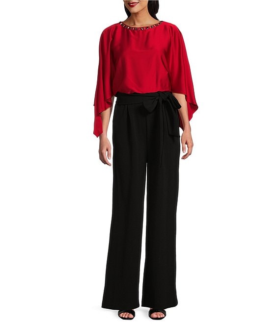 Jessica Howard Petite Size Embellished Boat Neck Cape Sleeve Tie Waist Jumpsuit Dillard s