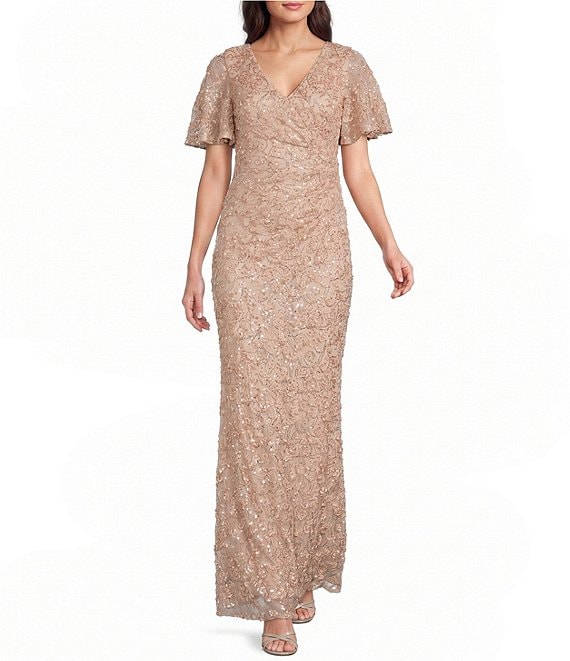 Jessica Howard Petite Size Flutter Sleeve V Neck Soutache Mesh Long Dress