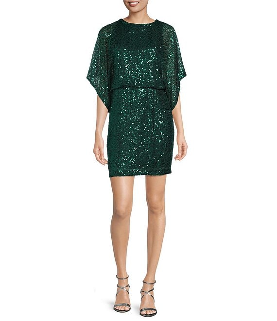 Color:Emerald - Image 1 - Petite Size Short Dolman Sleeve Boat Neck Sequin Blouson Dress