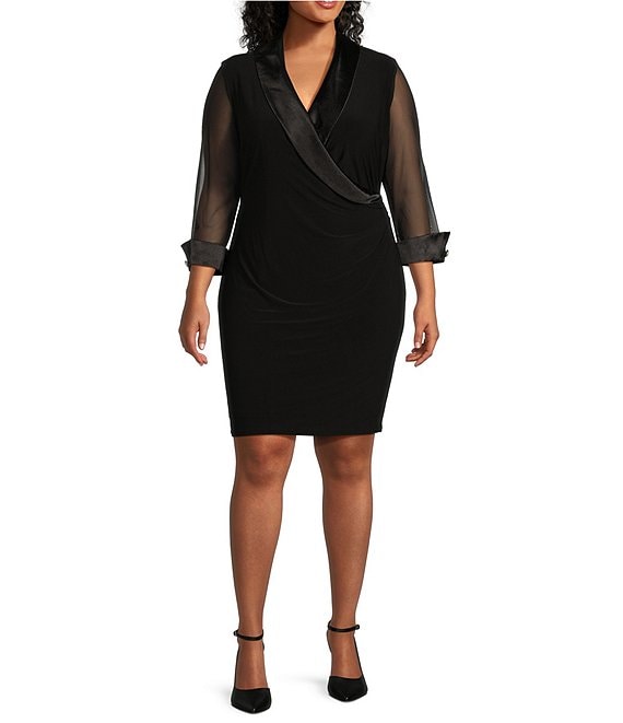 Jessica Howard Plus Size 3/4 Mesh Sleeve Shawl Collar Neck Side Tuck Knit  Jersey Sheath Dress