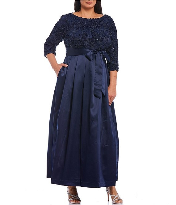 Jessica Howard Plus Size 3/4 Sleeve Boat Neck Insert Waist Tie Sash Ball  Gown