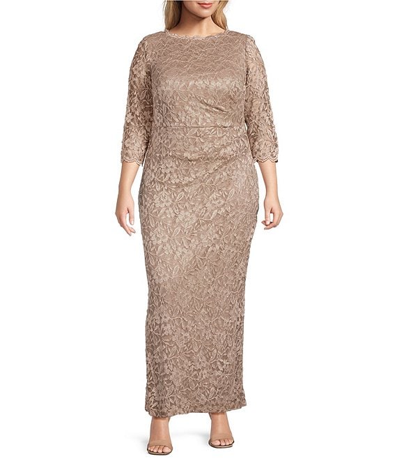 Jessica Howard Plus Size 3/4 Sleeve Boat Neck Side Tuck Lace Gown ...