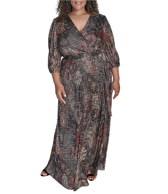 Jessica Howard Plus Size Metallic V-Neck Long Sleeve Long Gown, Plum Combo - Image 1
