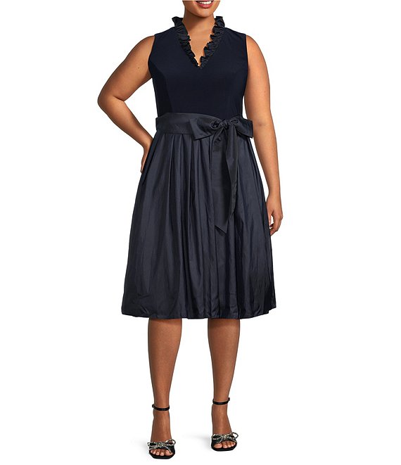 Jessica Howard Plus Size Ruffle V Neck Sleeveless Tie Waist Pleated Fit and Flare Dress