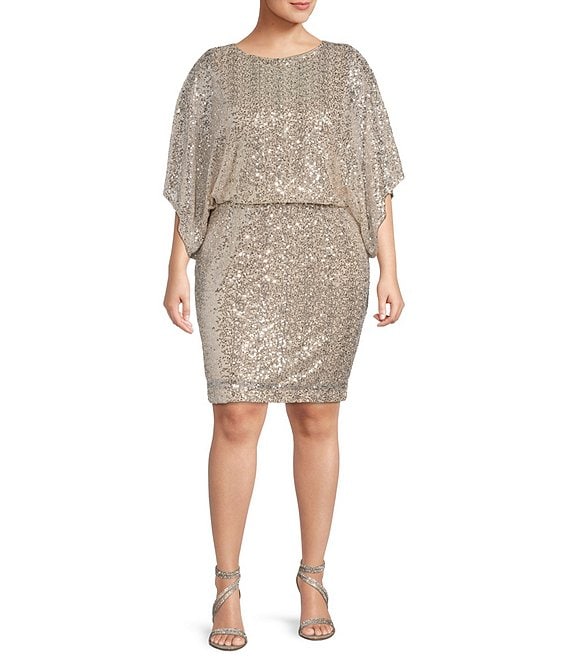 Color:Champagne - Image 1 - Plus Size Short Dolman Sleeve Boat Neck Sequin Mesh Blouson Dress