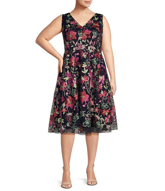 Jessica Howard Plus Size Sleeveless V-Neck Floral Embroidered Mesh Fit and  Flare Dress | Dillard's