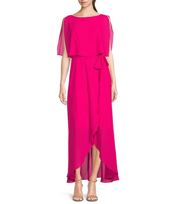 Color:Fuchsia - Image 1 - Split Sleeve Tie Waist Round Neck High-Low Popover Dress