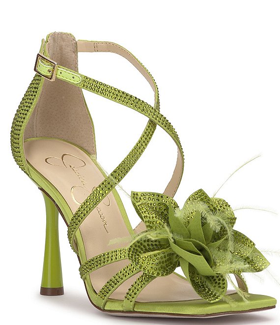 Color:Jade Green - Image 1 - Allore2 Rhinestone Flower Strappy Dress Sandals