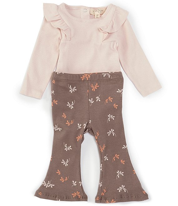 Jessica Simpson Baby Girls Newborn-9 Months Long Sleeve Solid Bodysuit &  Printed Denim Look Knit Flare Pants Set