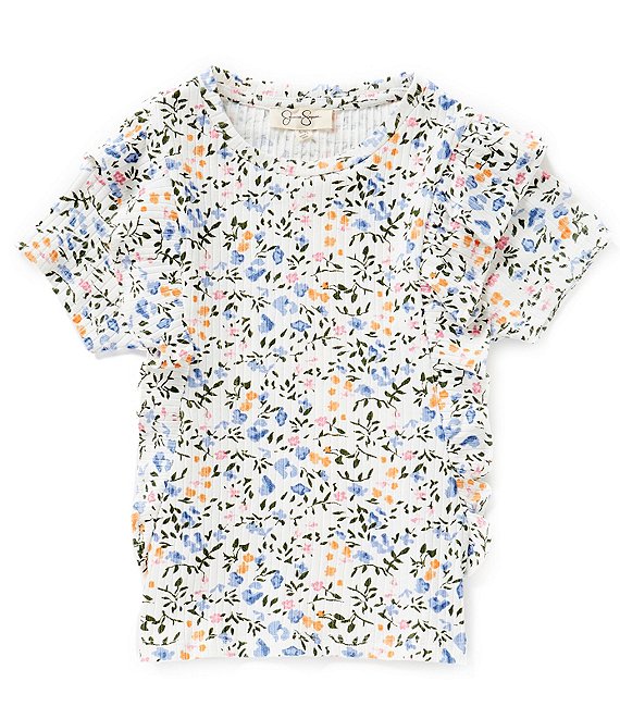 Jessica Simpson Big Girls 7-16 Ditsy Floral Print Short Sleeve Ruffle Side T-Shirt