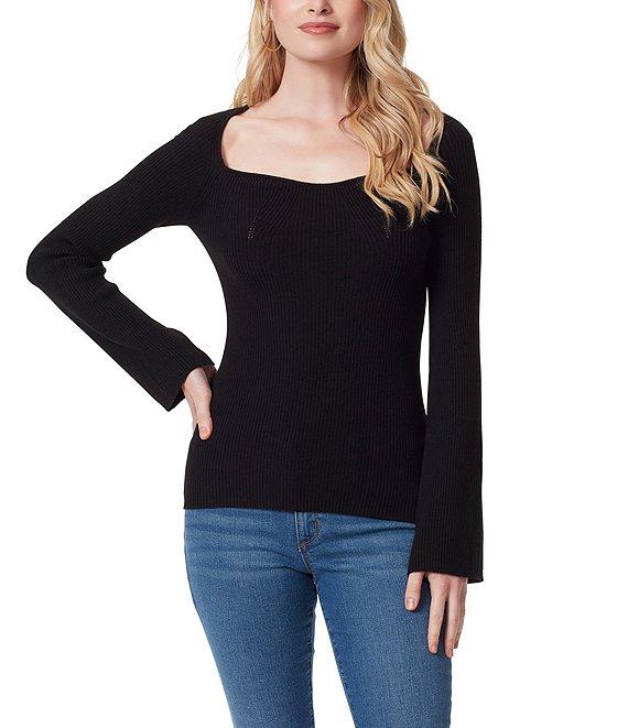 Color:Black - Image 1 - Calisata Sweetheart Neck Long Bell Sleeve Sweater