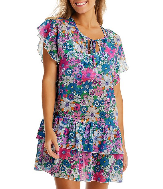 Color:Multi - Image 1 - Crazy Daisy Print Waist Frill Chiffon Cover-Up Dress