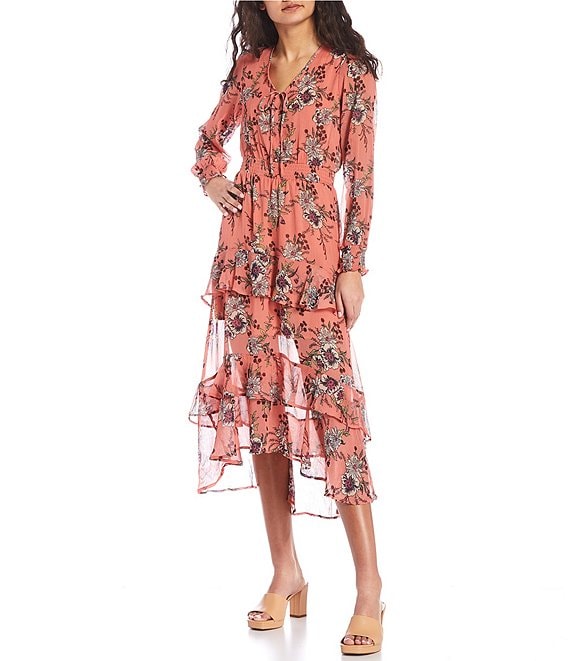 Jessica Simpson Harmony Long Sleeve Floral Smocked Ruffle Maxi Dress ...
