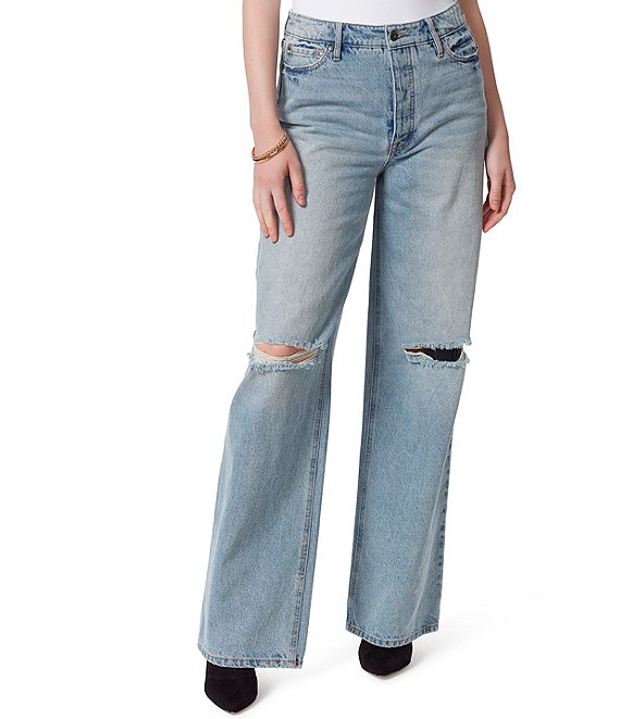 Jessica Simpson High Rise Destructed Relaxed Wide Straight Leg Jeans ...
