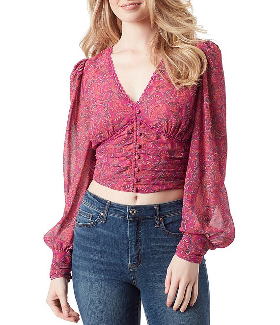 Color:Festival Fuchsia - Solitary Paisley - Image 1 - Laira Printed Long Sleeve Button Front Smocked Waist Cropped Blouse