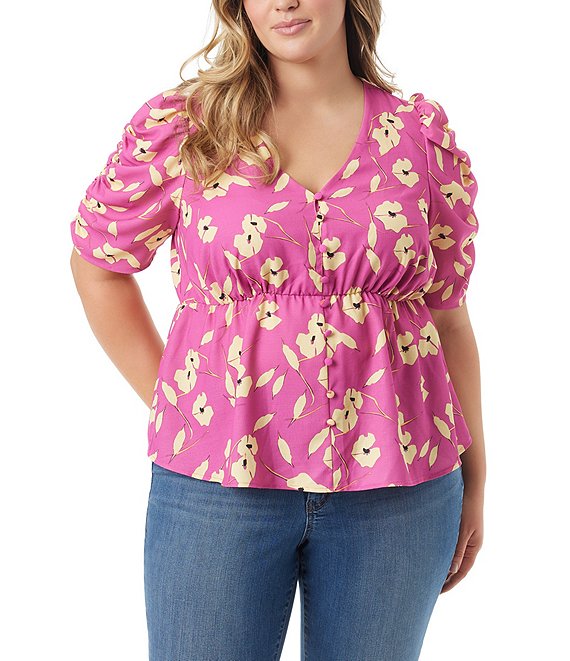 Jessica Simpson Plus Jensine Petals Print Short Sleeve Empire Waist Blouse