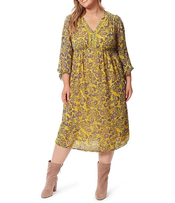 Jessica Simpson Plus Size Annalise Floral Print Chiffon V-Neck 3/4 Sleeve Midi Dress