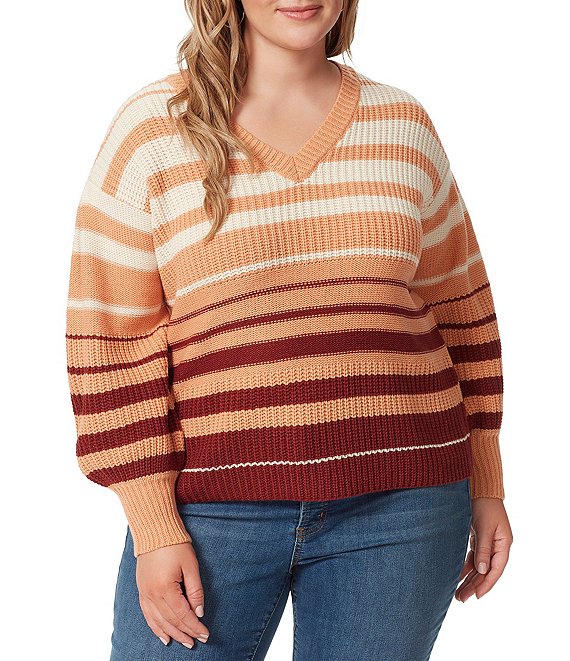 Color:Sand Stone - Image 1 - Plus Size Elmira Stripe Print V-Neck Long Sleeve Pullover Sweater