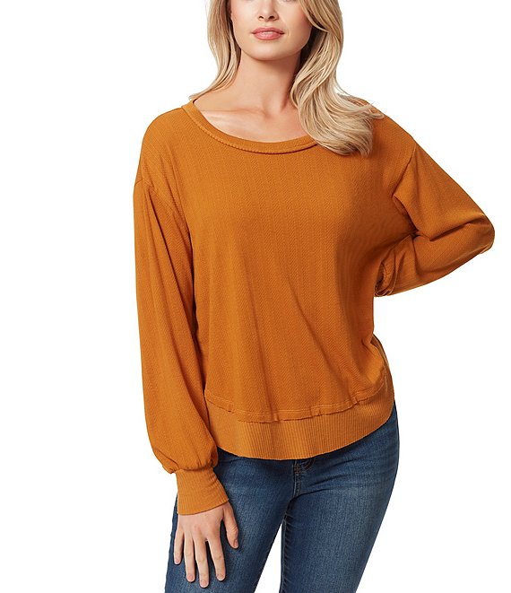 Color:Spice - Image 1 - Poppy Scoop Neck Long Sleeve Textured Stripe Knit Rib-Trim Pullover Sweater