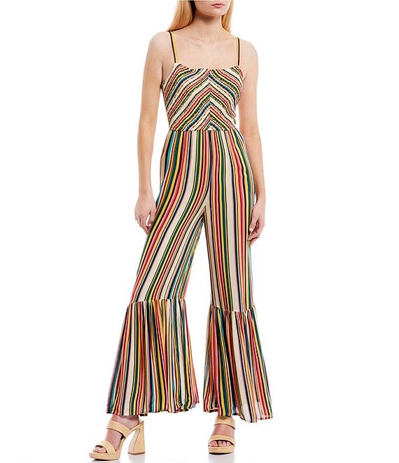 Jessica Simpson Ronan Stripe Print Smocked Wide Leg Jumpsuit | Dillard's