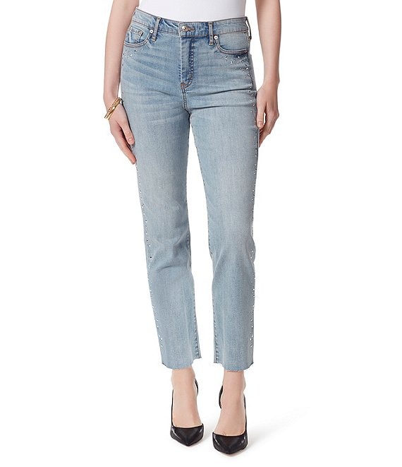 Color:Into The Blues - Image 1 - Spotlight High Rise Frayed Hem Straight Jeans