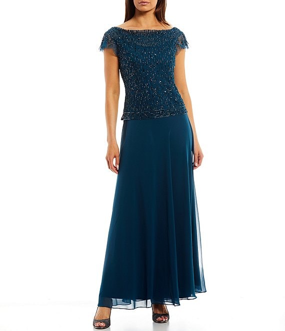 Color:Teal - Image 1 - Beaded Boat Neck Short Flutter Sleeve Chiffon Gown