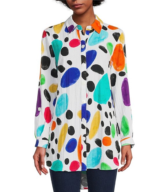 John Mark Abstract Circle Print Point Collar Roll-Tab Sleeve Woven Tunic |  Dillard's