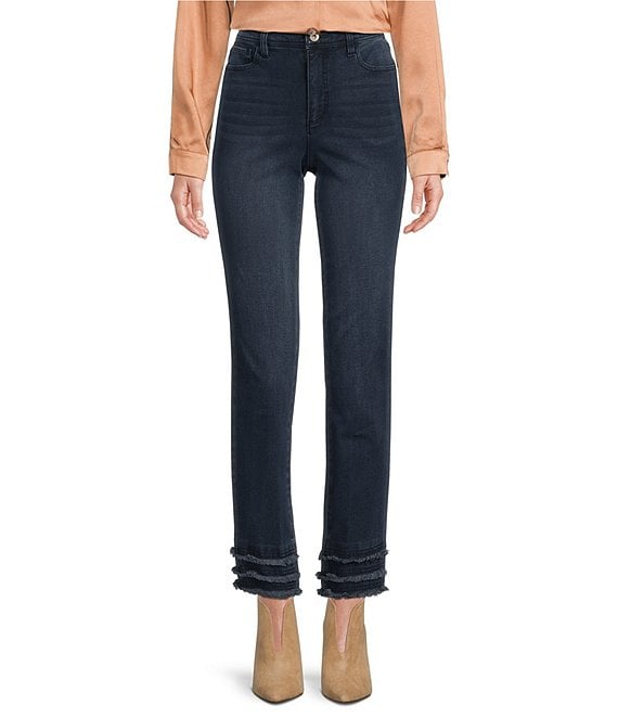 Color:Dark Denim - Image 1 - Ankle Length Skinny Leg Tiered Frayed Hem Stretch Denim Jeans