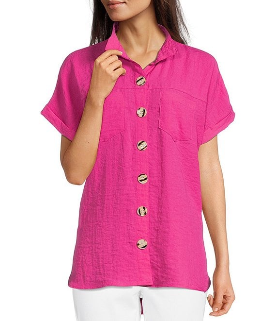 Color:Fuchsia - Image 1 - Crinkle Short Dolman Sleeve Point Collar Button Front Shirt