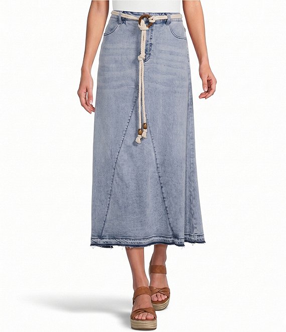 John Mark Denim Shark Bite Hem Fringe Belted Button Front Midi Skirt