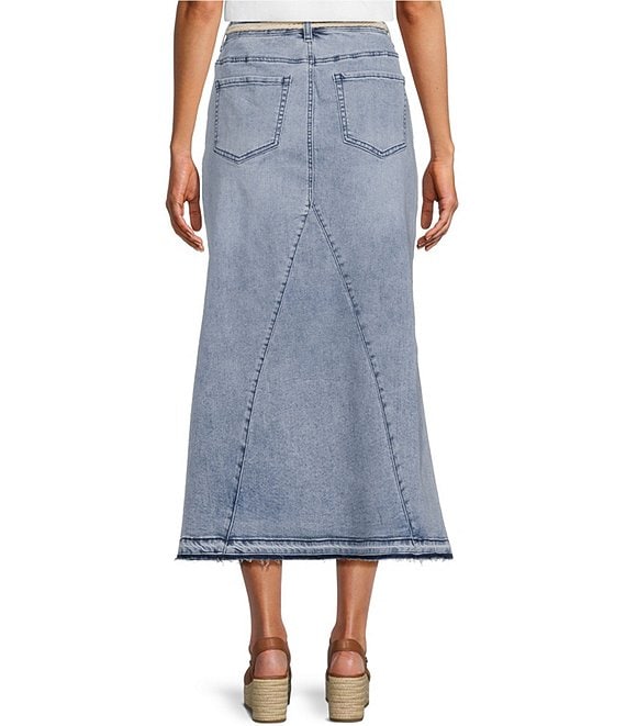 John Mark Denim Shark Bite Hem Fringe Belted Button Front Midi