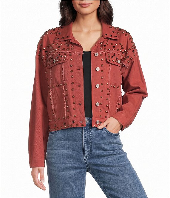 John Mark Denim Stud Point Collar Long Sleeve Button Front Jacket