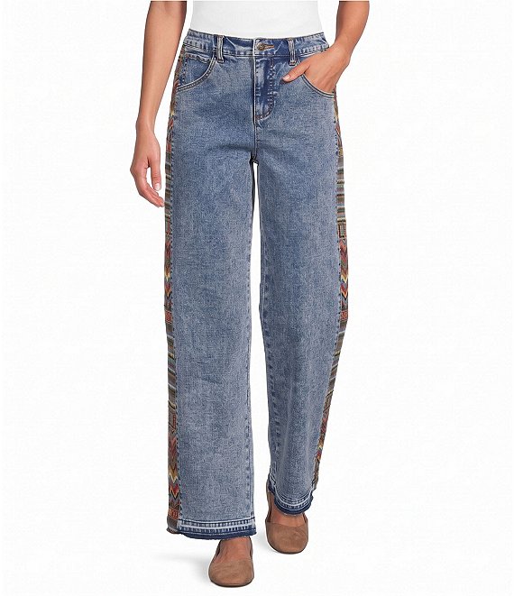 John Mark Denim Wide Leg Jacquard Inset Stripe Jeans
