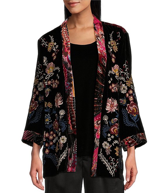 Harari Red Black Velvet high quality Silk Burnout Boxy Asian Inspired Floral Kimono Sz M