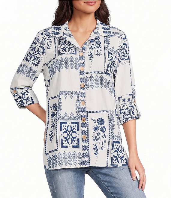 John Mark Embroidered Floral Eyelet Patchwork Point Collar Long Roll-Tab Sleeve Button Front Shirt